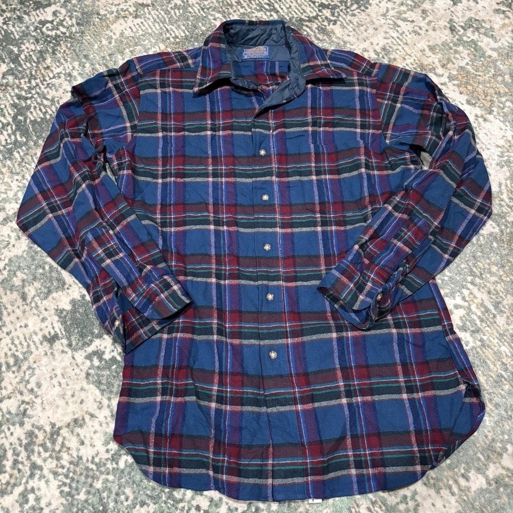 Vintage 70s  Pendleton 100% Wool Plaid Button Front Shirt One Pocket Medium‎